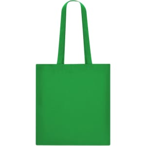 A green tote bag with two handles and a simple design, featuring a branding logo.