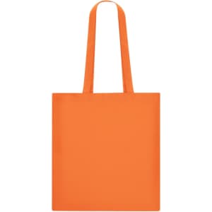 An orange tote bag with two handles and a simple, solid design. It features a logo on one side.