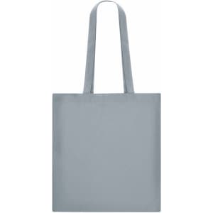 A grey tote bag with long handles and a plain surface. The bag features a logo.