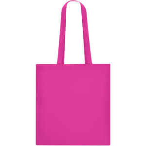 A bright pink tote bag with long handles, featuring a simple design and no additional details.