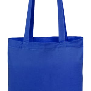 A blue tote bag with two handles and a simple design. It features a logo on one side.