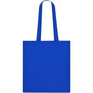 A blue tote bag with two handles and a plain design. It features a logo on the surface.