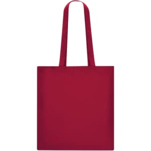 A red tote bag with long straps and a simple design. It features a branding logo on one side.