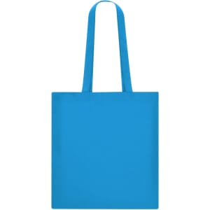 A blue tote bag with shoulder straps and a plain design, featuring a logo on one side.