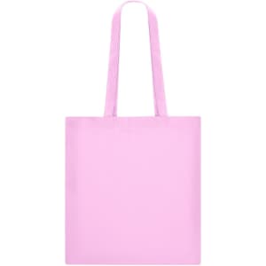A pink tote bag with long handles, featuring a simple design and a logo.
