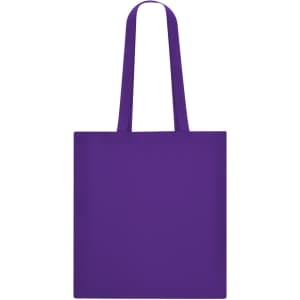 A purple tote bag with sturdy handles and a simple design. It features a branding logo.