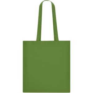 A green tote bag with long handles and a simple design. It features a branding logo.