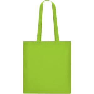 A bright green tote bag with long handles and a simple design, featuring a logo.