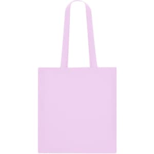 A light purple tote bag with long handles and a simple design. It features a branding logo.