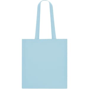 A light blue tote bag with long handles and a simple design, featuring a logo.