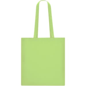 A light green tote bag with two handles and a simple design, featuring a logo.