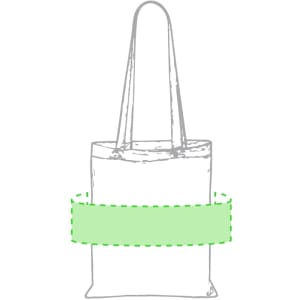 A tote bag in a plain design with long handles, featuring a light green band around its middle and a logo.