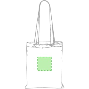 A tote bag in white featuring a green square area, with two handles and a simple design.