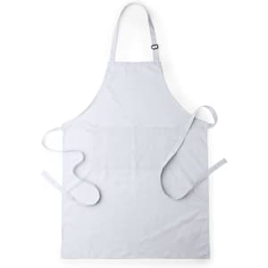 A light grey apron with adjustable straps and a logo, featuring a simple and clean design.