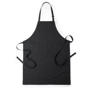 A black apron with a logo and adjustable ties, designed for workwear and featuring a simple, classic design.