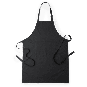 A black apron with adjustable straps and a pocket, featuring a logo. Suitable for workwear purposes.