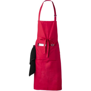 A red apron with a waist tie, featuring pockets and a logo. Designed for workwear use.