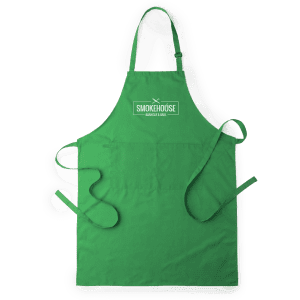 A green apron with a logo at the top and ties on the sides. Suitable for workwear.