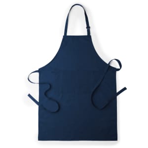 A navy blue apron with a neck strap and waist ties, featuring a simple design and a branding logo.