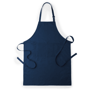 A navy apron with adjustable straps and a pocket, featuring a logo. Suitable for professional or casual workwear.