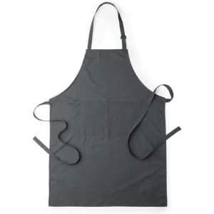 A dark grey apron with adjustable neck strap and ties, featuring a logo. Suitable for workwear.