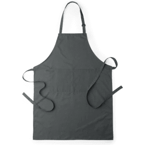 A grey apron with adjustable straps and side ties, featuring a simple design and no visible branding.