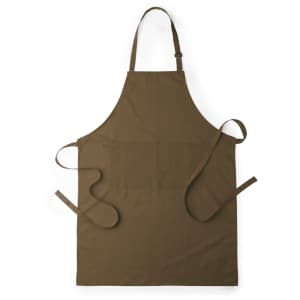 A brown apron with adjustable neck and waist straps, featuring a front pocket and simple design.