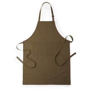 A brown apron with adjustable straps and a front pocket, featuring a logo on it.