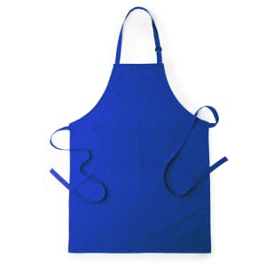 A royal blue apron with adjustable straps and ties, featuring a simple design and an unadorned front.
