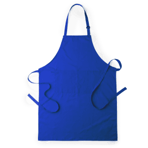A blue apron with adjustable straps and a pocket, featuring a logo. Ideal for workwear or cooking.