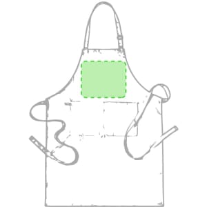 A green work apron featuring a pocket and ties, with a logo on the front.