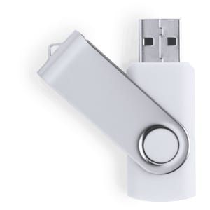 A white USB memory stick with a swivel cap and a silver button. It features a logo.