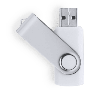 A white and silver 32GB USB memory flash drive with a swivel design and a circular button.
