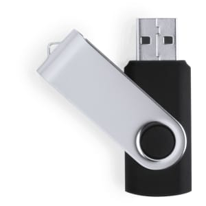A 32GB USB memory drive in black and silver colours featuring a retractable design and a logo.