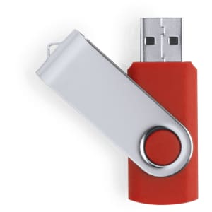A red and silver USB memory stick with a swivel cover, featuring a circular attachment.