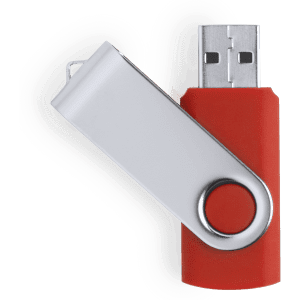 A red and silver USB memory drive with a swivel design, featuring a metal ring for easy attachment.
