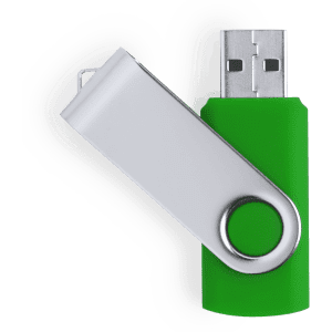 A green and silver USB memory drive with a swivel design, featuring a logo on one side.