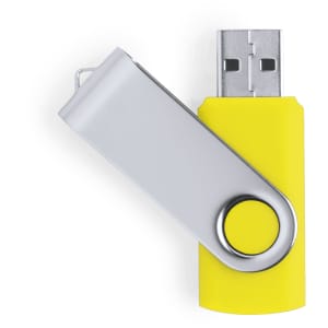 A yellow and grey USB memory drive with a swivel cap and branding on it.