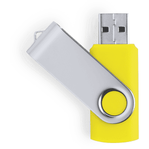 A yellow and silver USB memory drive with a swivel design, featuring a circular attachment point.