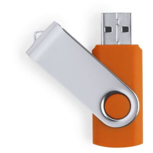 An orange and silver USB memory drive with a swivel design. It features a circular attachment for convenience.