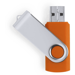 A USB memory drive featuring an orange body with a silver swivel cover.