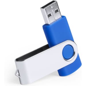 A blue and white USB memory stick featuring a swivel design and a logo on its surface.