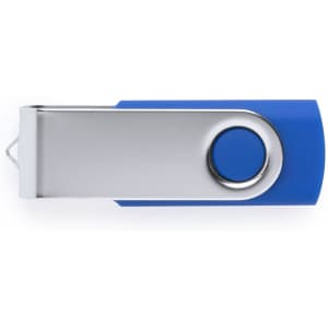 A blue and silver USB flash drive with a swivel cap and a round button, featuring branding on the side.
