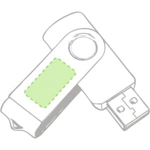 A green and silver USB memory drive with a circular end and a flash drive connector. It features a branding logo.