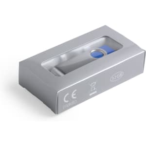 A silver USB memory drive with a blue accent, presented in a clear packaging box, featuring a logo.