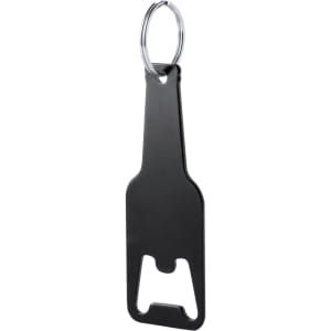 A drink bottle opener keyring in black, featuring a simple, sleek design and a metal ring for attachment.