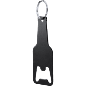 A drink bottle opener keyring in black, featuring a simple design with a metal ring for attachment.