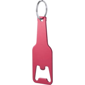 A drink bottle opener keyring in a vibrant red colour, featuring a metallic finish and a keyring attachment.