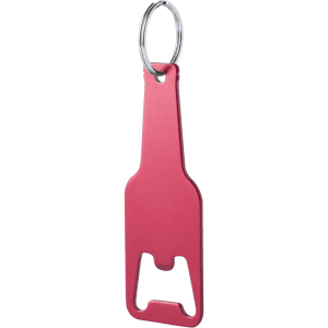 A drink bottle opener keyring in a vibrant pink colour with a silver keyring attached.