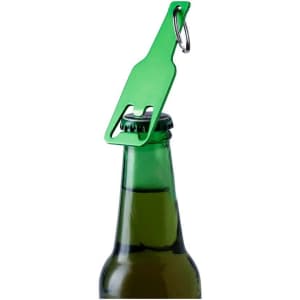 A green bottle opener keyring positioned on a green drink bottle, featuring a circular keyring attachment.